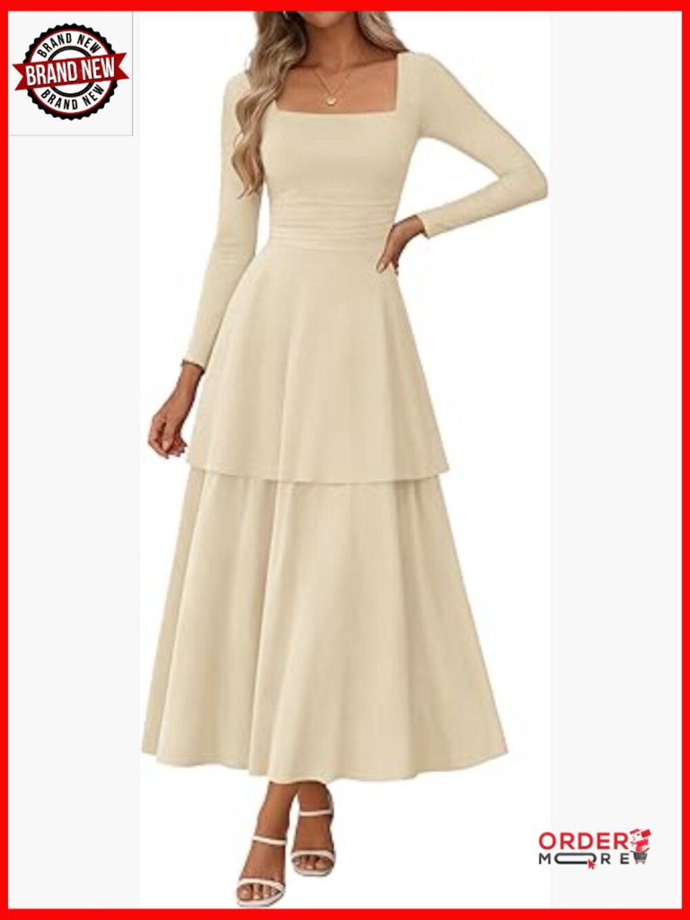 Long Sleeve Square Neck Ruched Waist Maxi Dress Women Flowy Boho